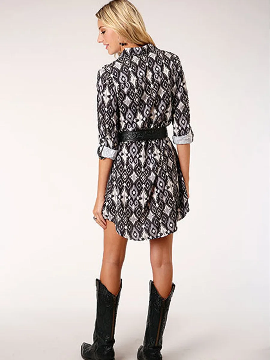 03-057-0590-7018 Ikat Print Long Sleeve Shirt Dress