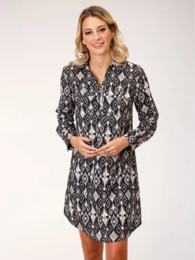 03-057-0590-7018 Ikat Print Long Sleeve Shirt Dress