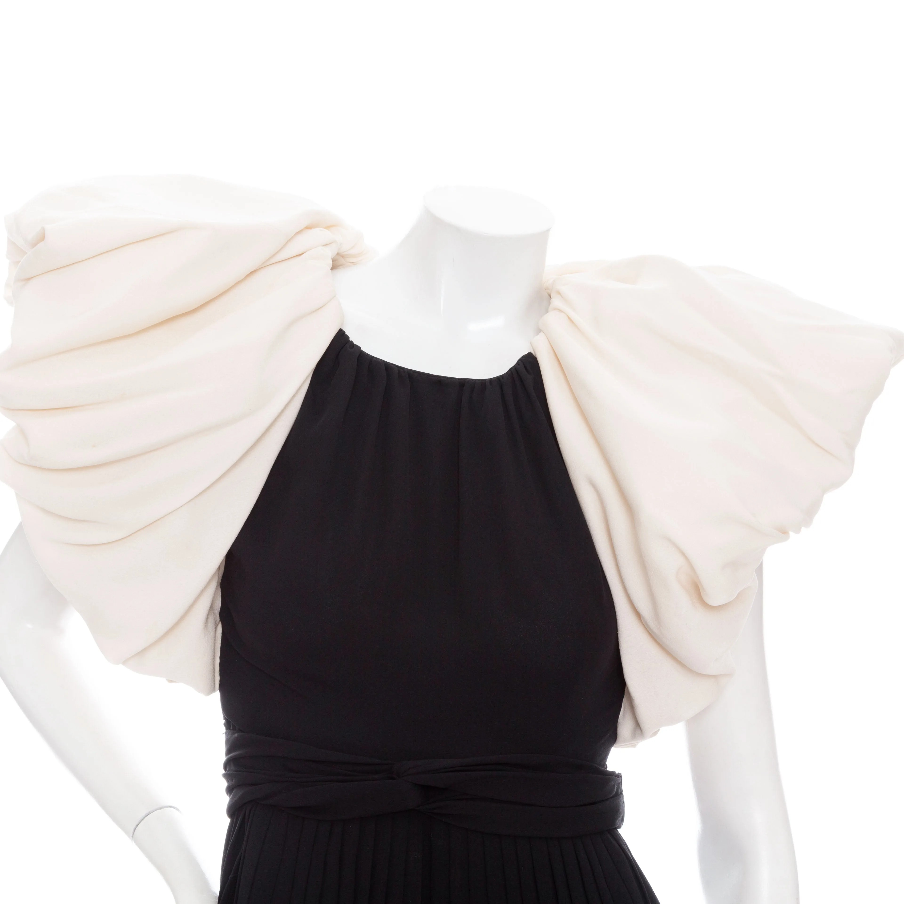 1980s Black and Cream Puff Sleeve Pleated Open Back Dress