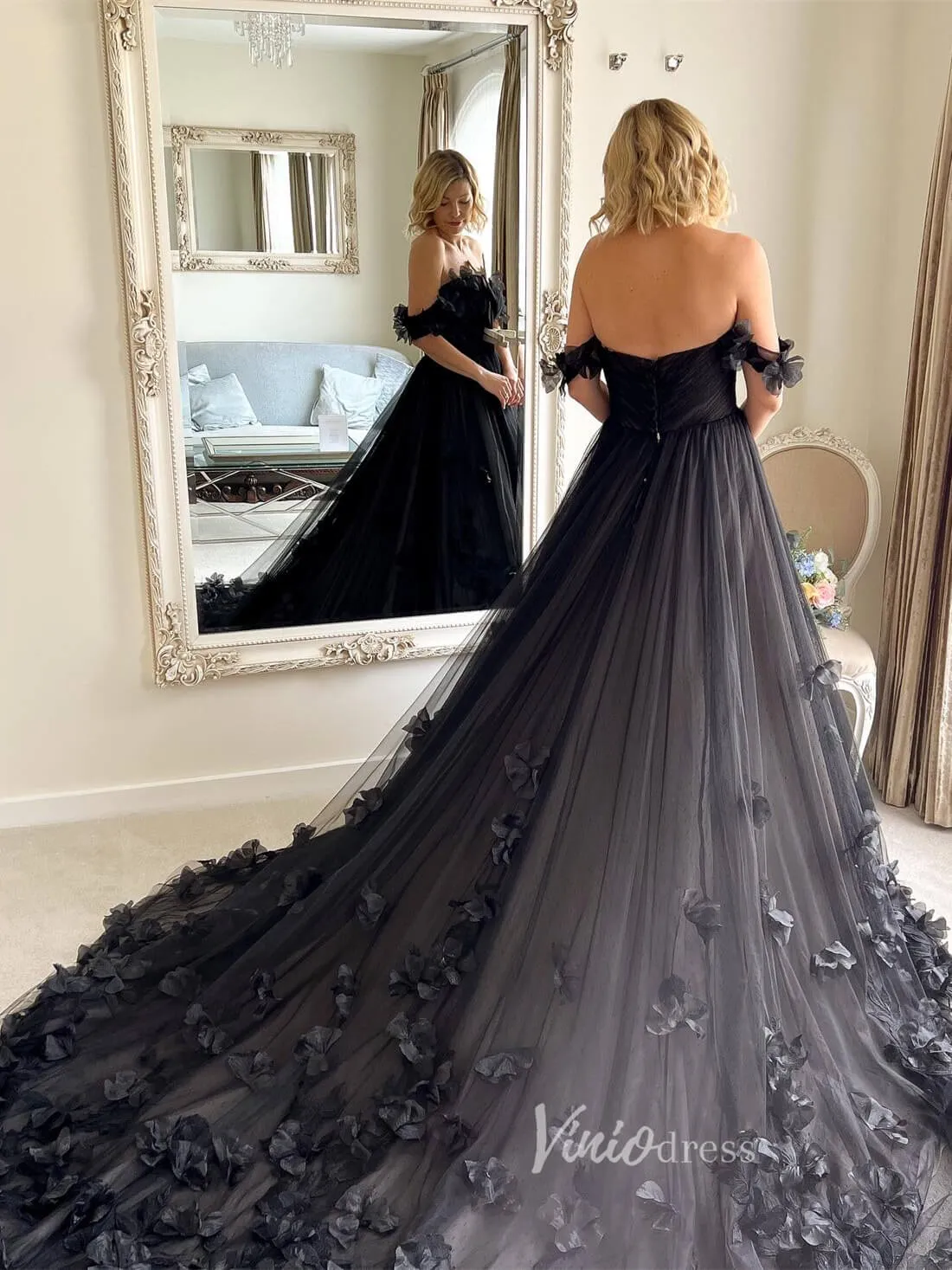 3D Flower Black Prom Dresses Long Floral Wedding Gown FD3641