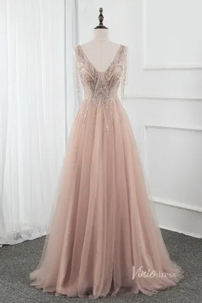 A-line Beaded Champagne Blush Tulle Prom Dresses 2022 FD2797