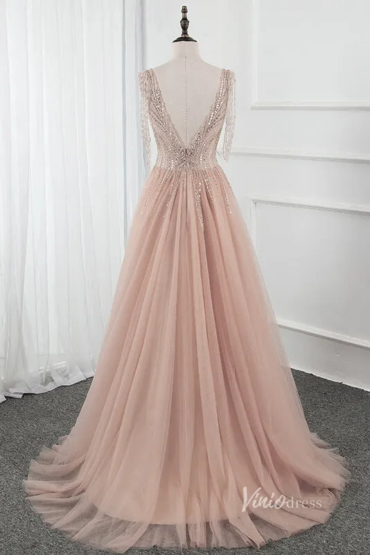 A-line Beaded Champagne Blush Tulle Prom Dresses 2022 FD2797