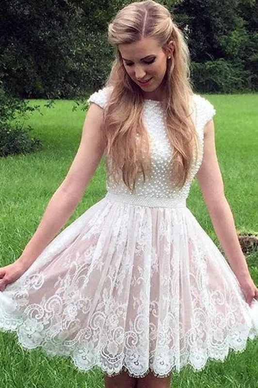 A Line Cap Sleeves Homecoming with Pearls Short Lace Graduation Dress