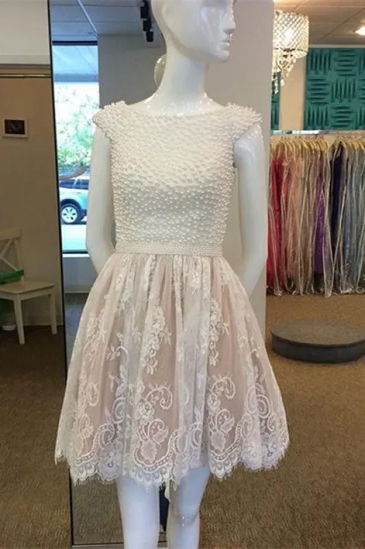 A Line Cap Sleeves Homecoming with Pearls Short Lace Graduation Dress