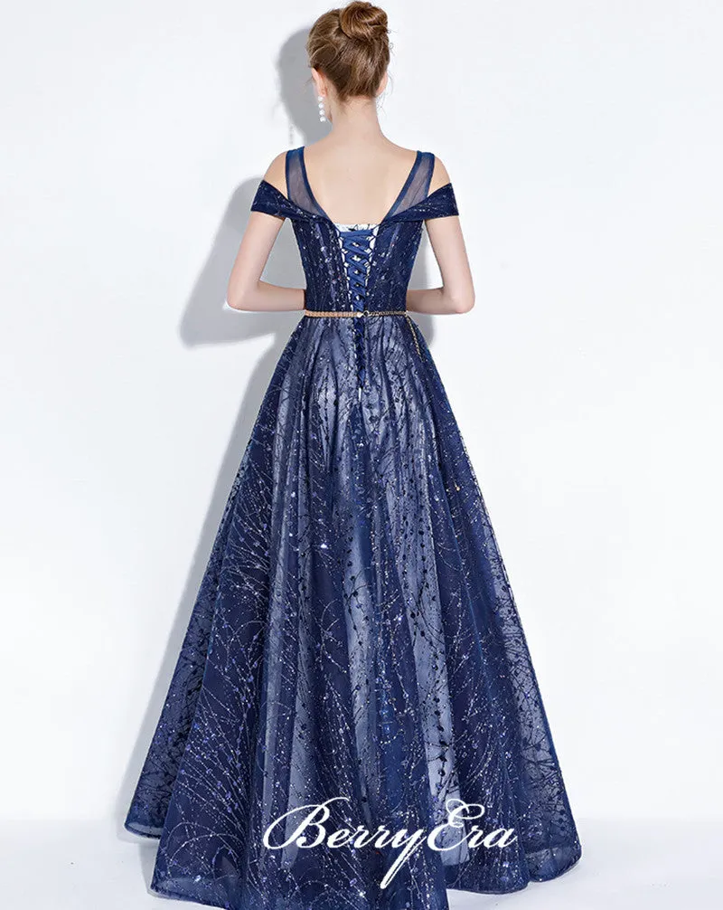 A Line Design Tulle Long Prom Dresses, Party Prom Dresses with Beads, Popular Prom Dresses