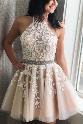 A Line Halter Sleeveless Homecoming with Beads Appliqued Short Formal Dress