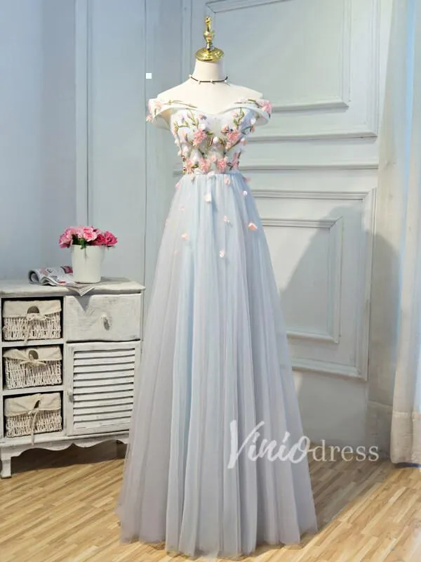 A-line Light Blue Long Floral Formal Dresses SD1060D