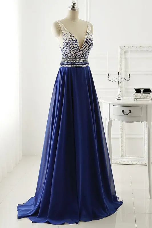 A Line Long Chiffon Royal Blue Crystal Prom Dress Eevening Gown