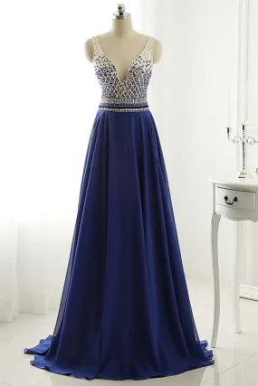 A Line Long Chiffon Royal Blue Crystal Prom Dress Eevening Gown