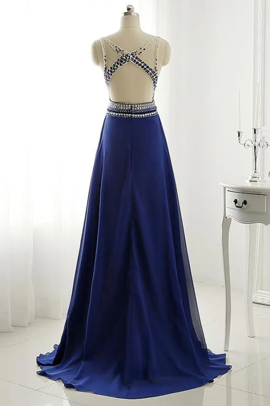 A Line Long Chiffon Royal Blue Crystal Prom Dress Eevening Gown