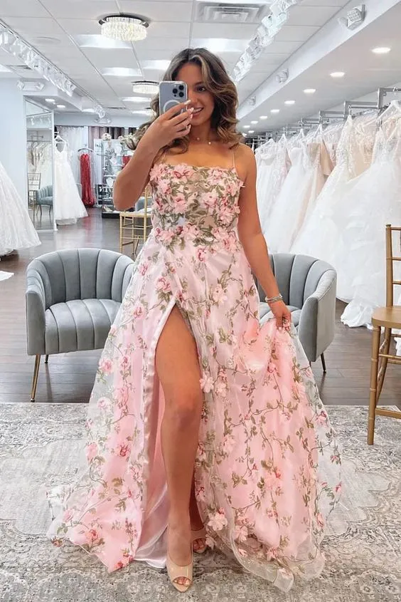 A Line Pink Floral Long Prom Dresses with High Slit, Formal Graduation Evening Dresses Y5893