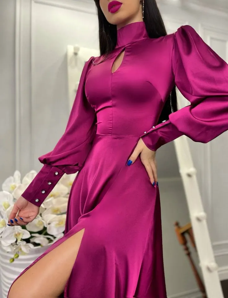 A-line Puff Sleeves Long Evening Dress With Split Y7015