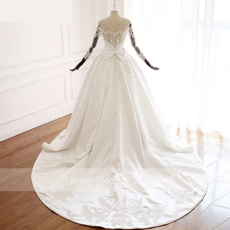 A Line Satin Boat Neck Wedding Dress with Off Shoulder and Long Sleeves