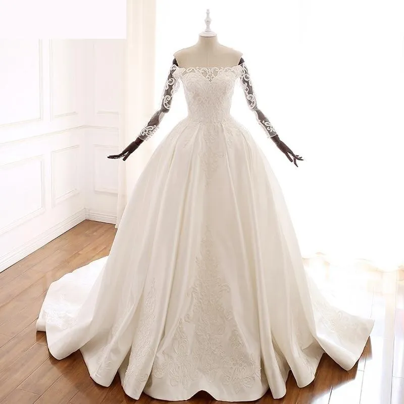 A Line Satin Boat Neck Wedding Dress with Off Shoulder and Long Sleeves