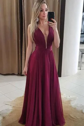 A Line Sexy V Neck Chiffon Prom Dress with Pleats Floor Length Bridesmaid Dresses