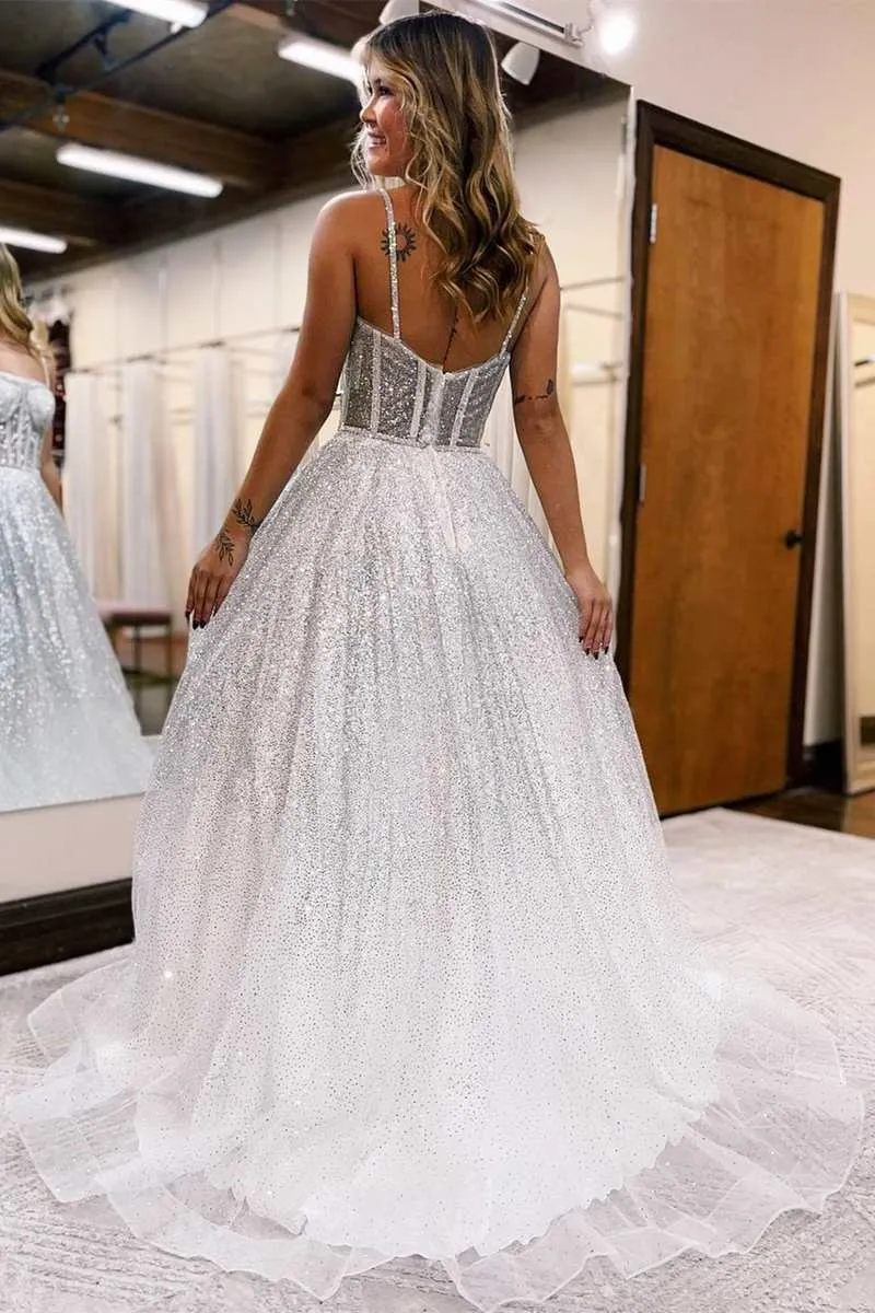 A-Line Silver Ombre Sequins Princess Straps Prom Dresses,BD93131