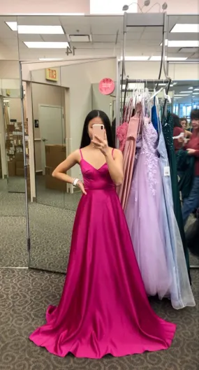 A-line Spaghetti Straps Fuchsia Satin Prom Dress For Junior Teens  Y700