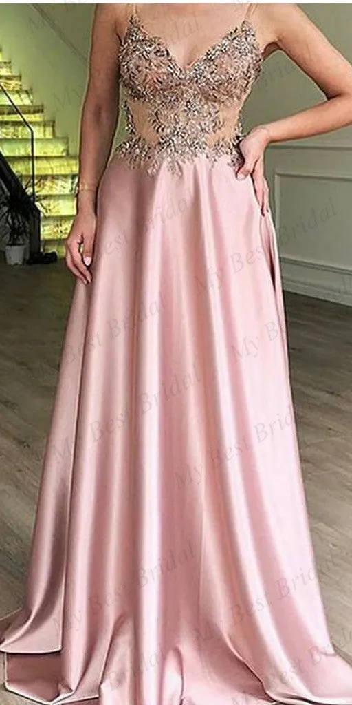 A-Line Spaghetti Straps Pink Satin Evening Dresses ,Cheap Prom Dresses,PDY0598