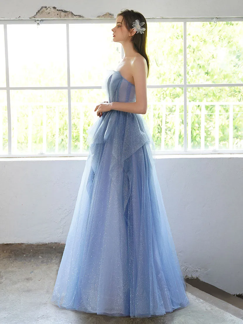 A-line Tulle Sequin Long Prom Dress, Tulle Sequin Long Evening Dress