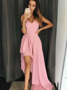 A Line V Neck High Low Pink Long Prom Dresses, Pink Formal Dresses, Simple Pink Evening Dresses