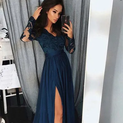 A-Line V-Neck Navy Blue Chiffon Prom Dress with Appliques Beading,Evening Party Dress,PDY0374