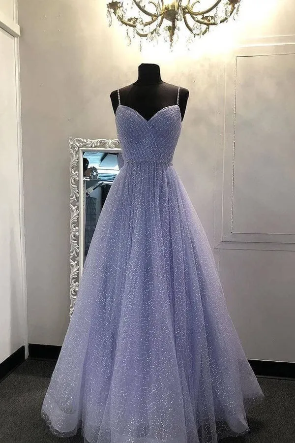 A-line V Neckline Sparkly Lilac Tulle Prom Dresses, Evening Dresses,BD930759