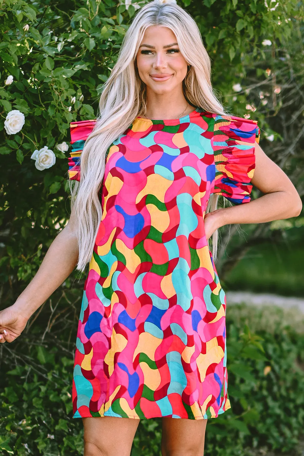 Abstract Ruffle Sleeve Shift Dress