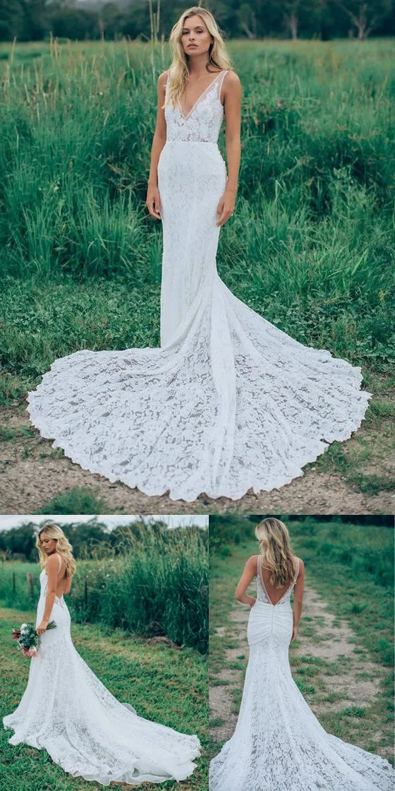 Affordable Mermaid Lace V Neck Elegant V Back Long Wedding Dresses, BW156