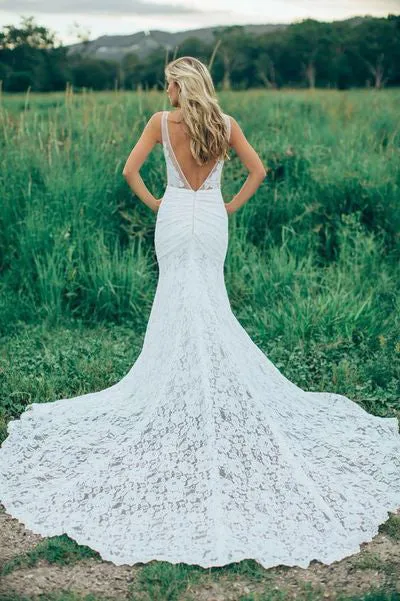 Affordable Mermaid Lace V Neck Elegant V Back Long Wedding Dresses, BW156