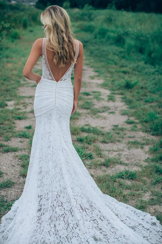 Affordable Mermaid Lace V Neck Elegant V Back Long Wedding Dresses, BW156