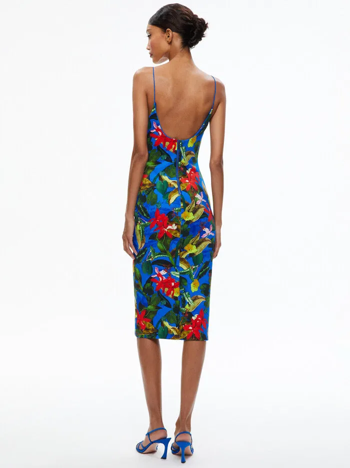 Alice   Olivia - Delora spaghetti Strap Fitted Midi Dress - Tropical Sunrise Sapphire