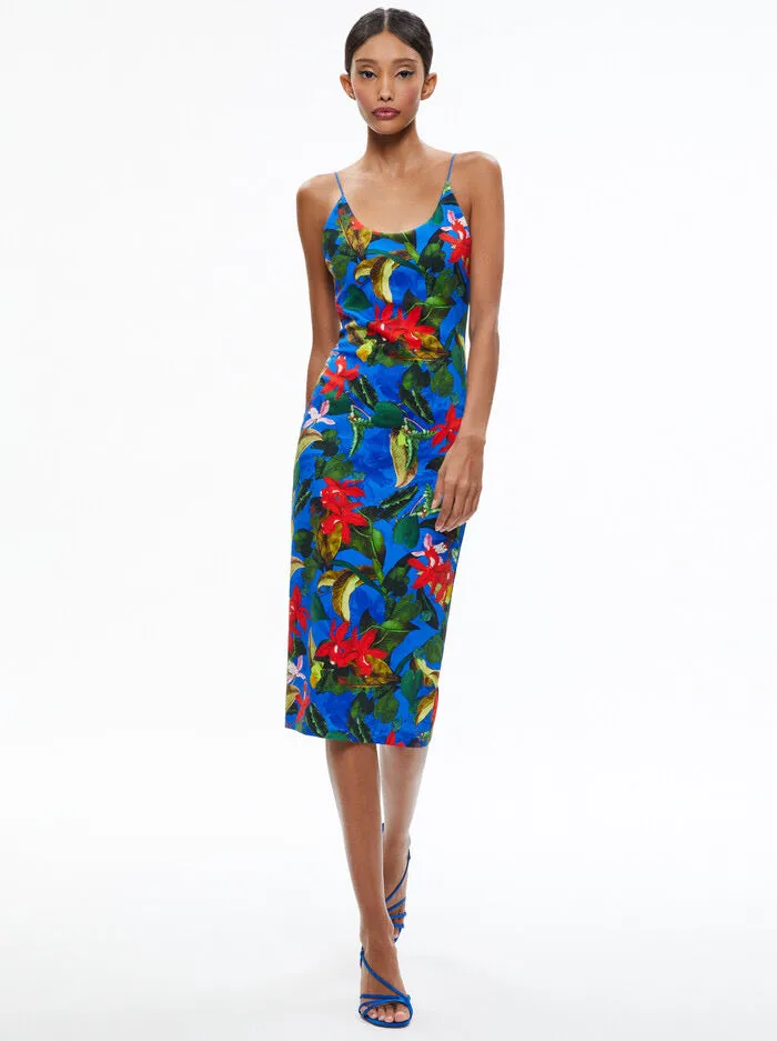 Alice   Olivia - Delora spaghetti Strap Fitted Midi Dress - Tropical Sunrise Sapphire