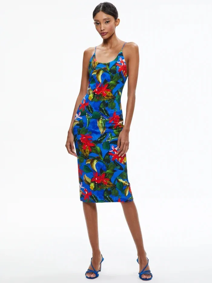 Alice   Olivia - Delora spaghetti Strap Fitted Midi Dress - Tropical Sunrise Sapphire