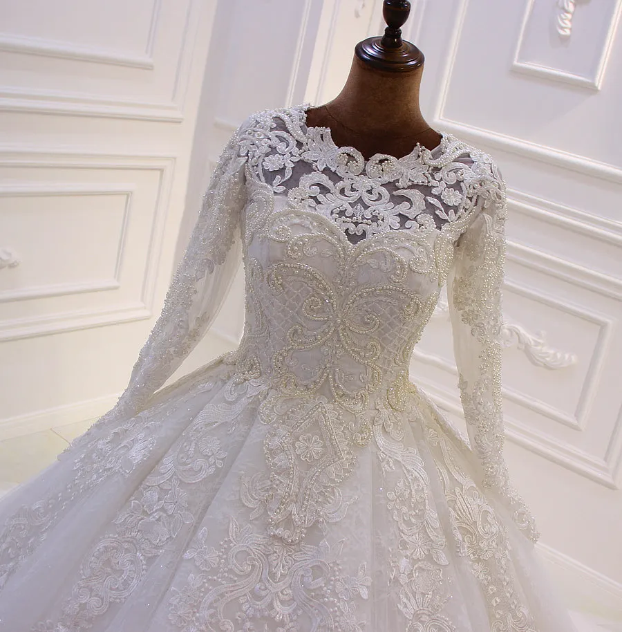 AM155 Long Sleeve Lace Applique Pearls Turkey Wedding Dress brautkleider hochzeitskleid