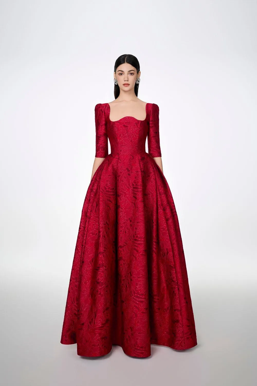 Amelia Ball Gown Curved Neck Brocade Maxi Dress