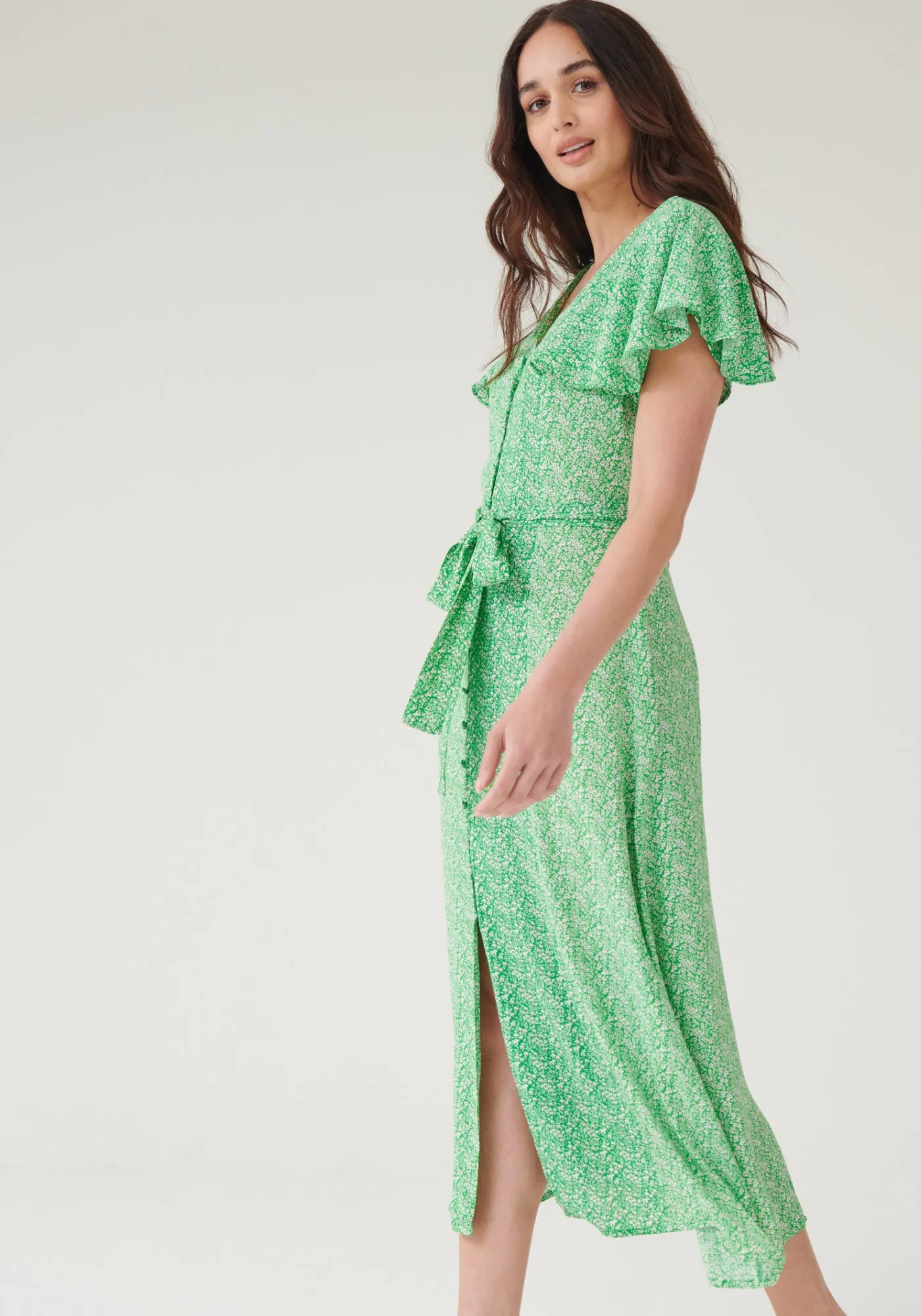 Angelica Button Front Tie Waist Midaxi Dress - Green Floral