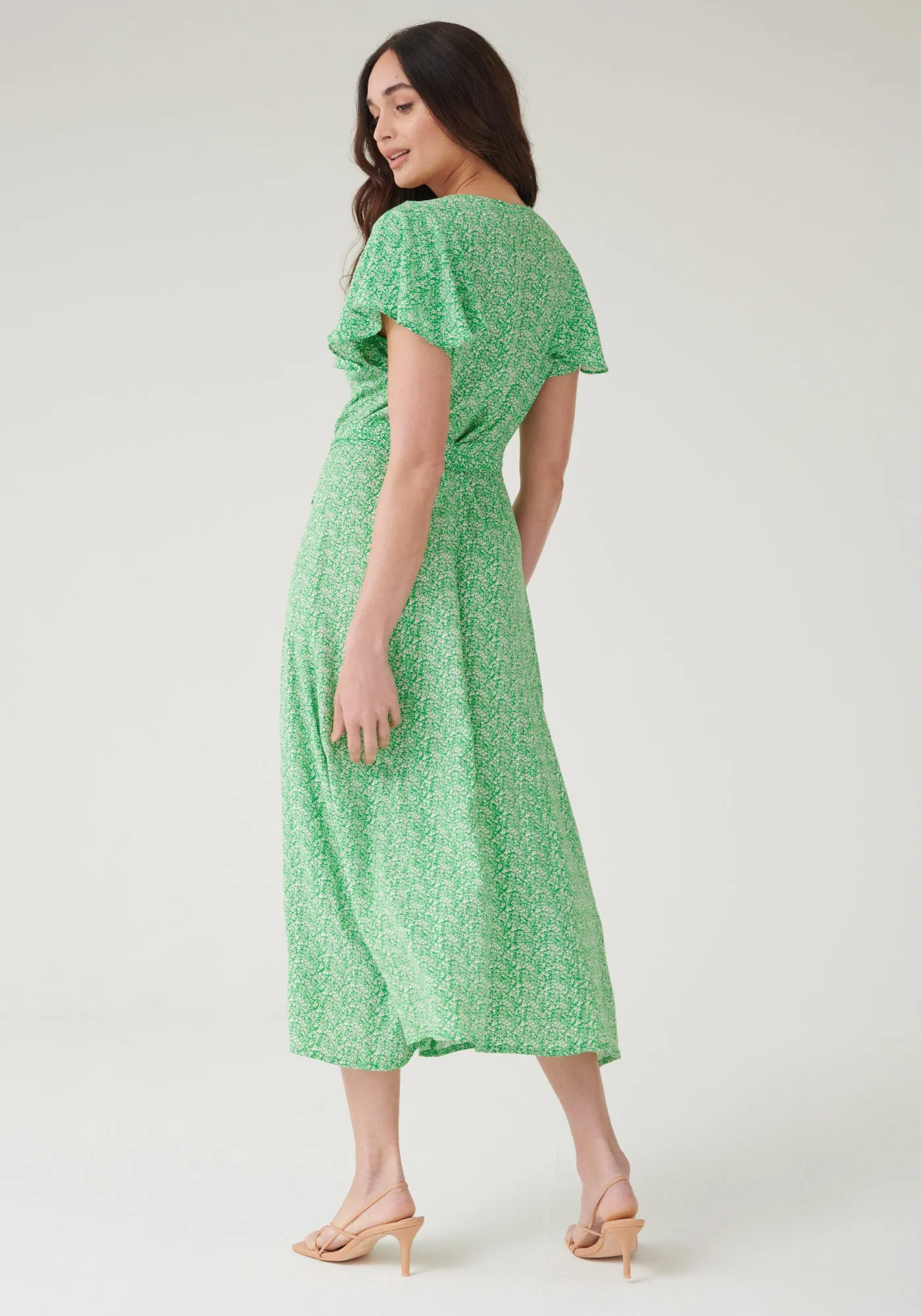 Angelica Button Front Tie Waist Midaxi Dress - Green Floral