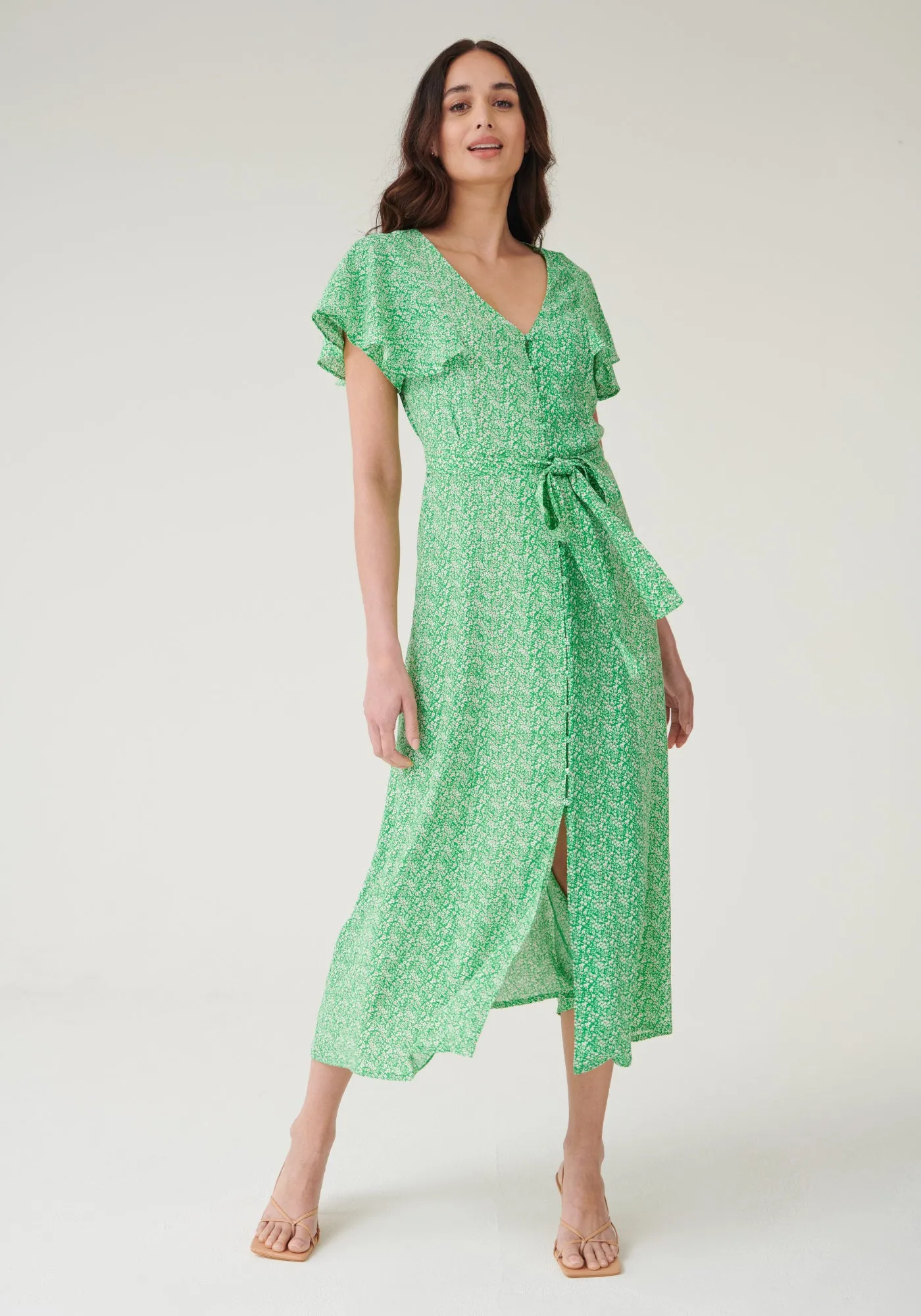 Angelica Button Front Tie Waist Midaxi Dress - Green Floral