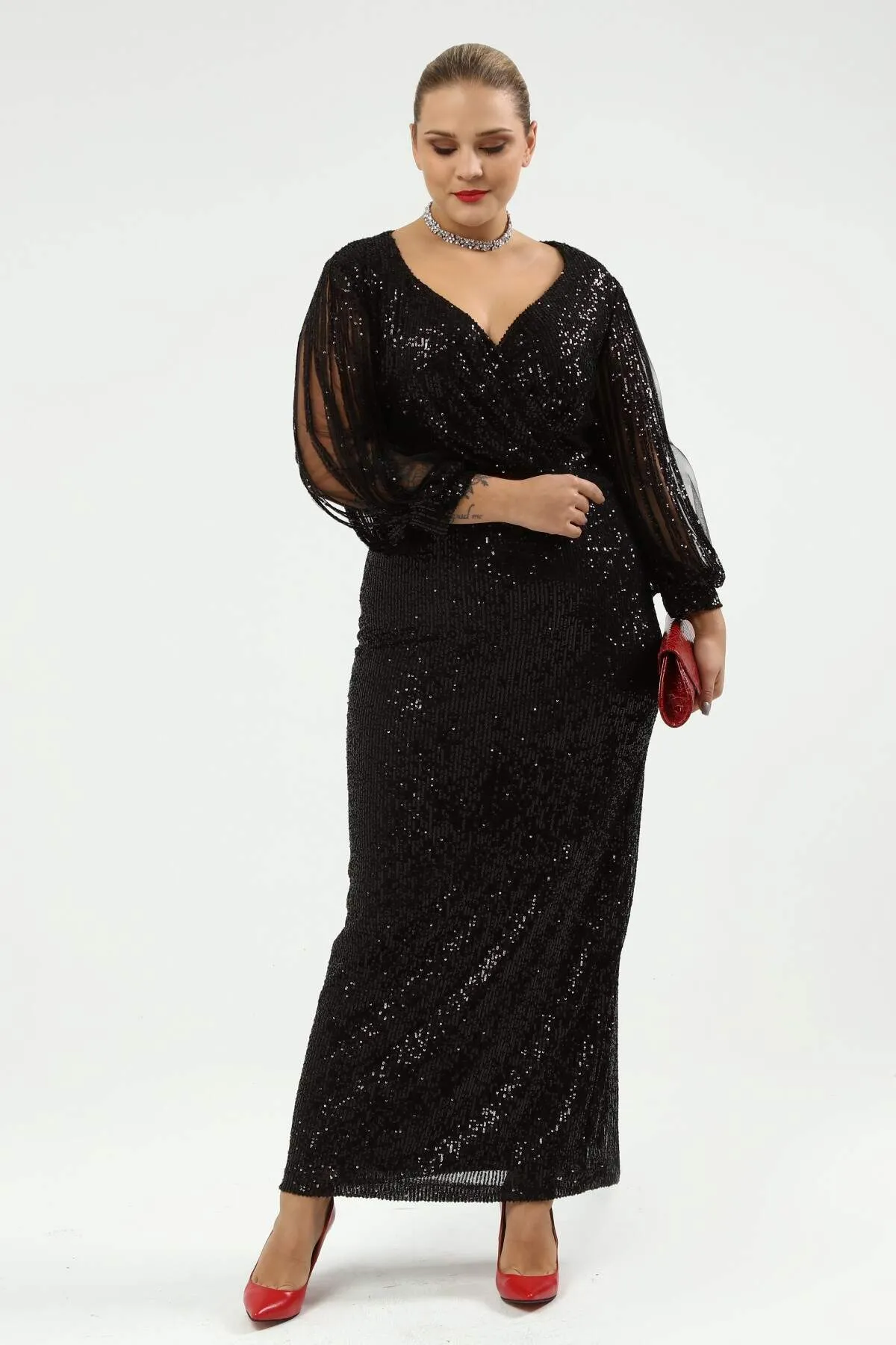 Angelino Plus Size Sleeves Fringed Long Sequined Evening Dress Black 8035