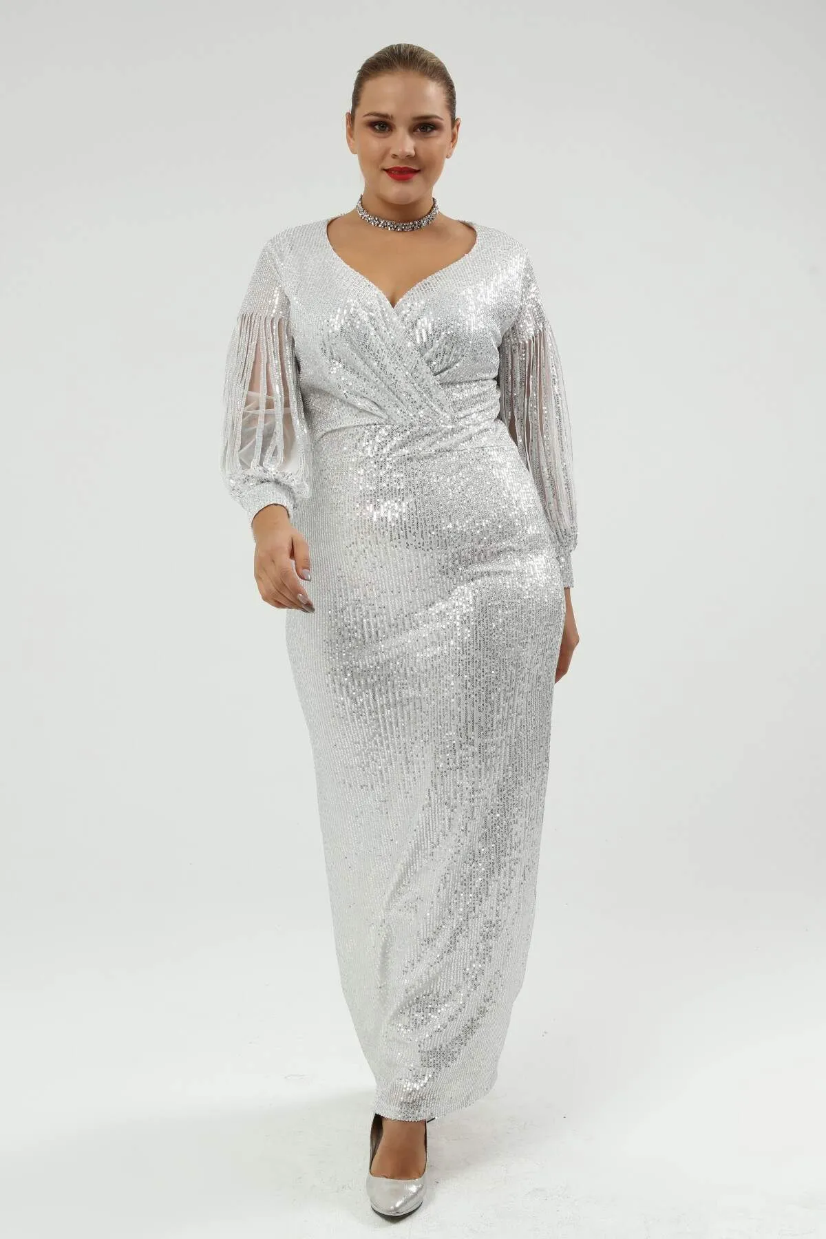 Angelino Plus Size Sleeves Fringed Long Sequined Sequin Evening Dress Silver 8035