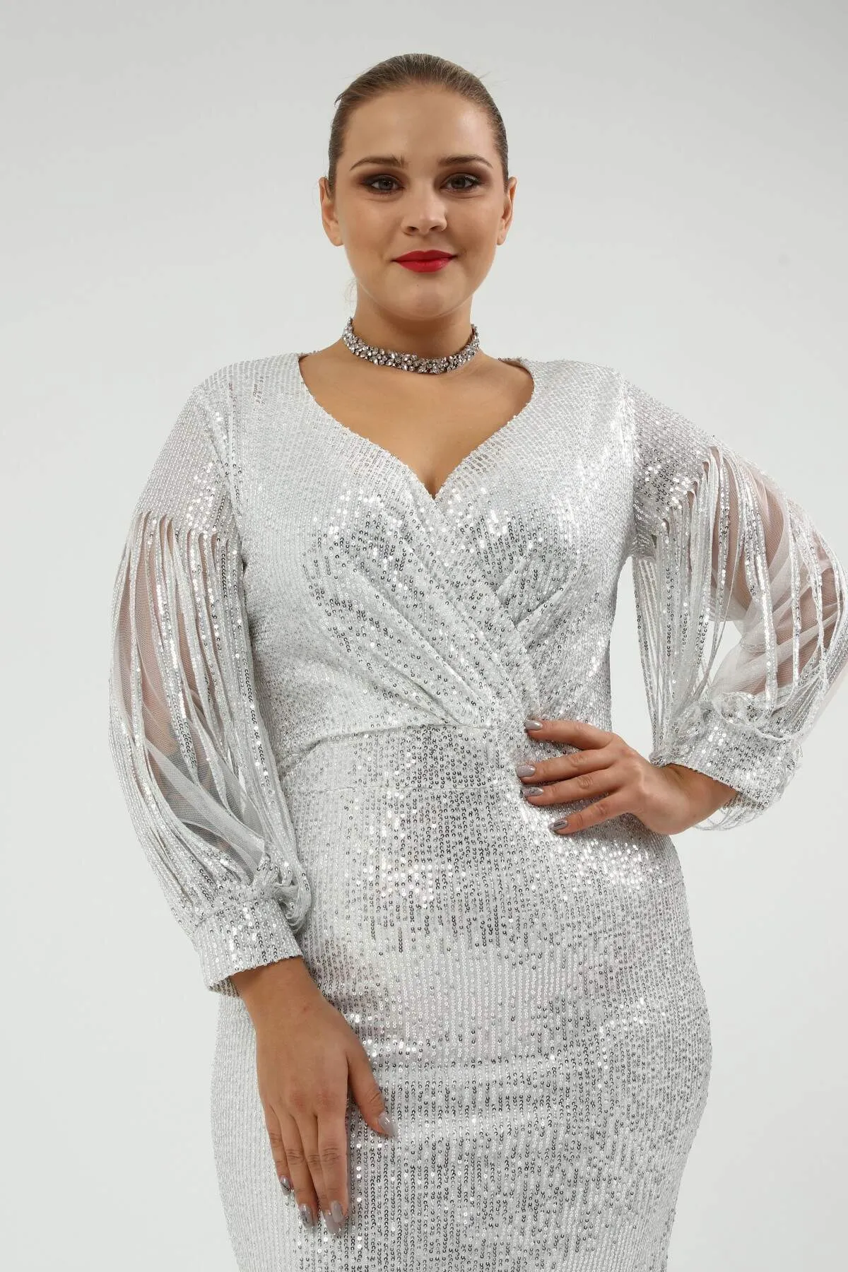 Angelino Plus Size Sleeves Fringed Long Sequined Sequin Evening Dress Silver 8035