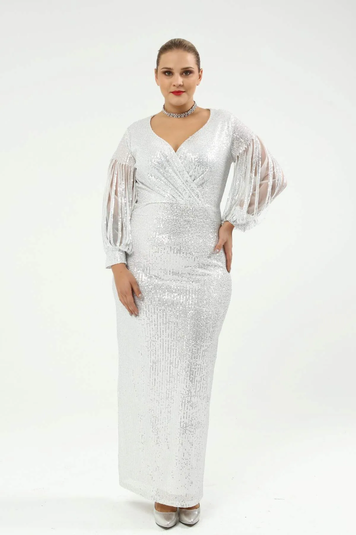 Angelino Plus Size Sleeves Fringed Long Sequined Sequin Evening Dress Silver 8035