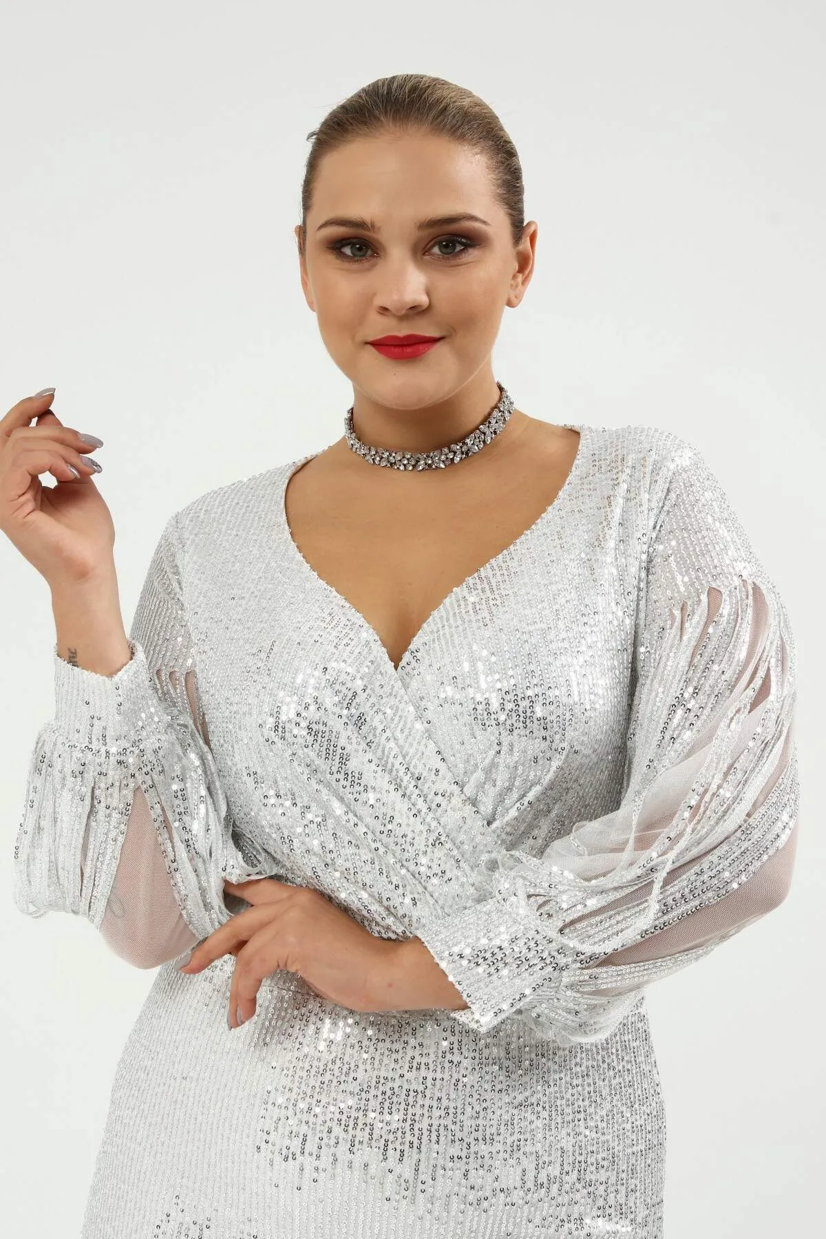 Angelino Plus Size Sleeves Fringed Long Sequined Sequin Evening Dress Silver 8035