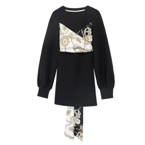 Ann Teano Black Crossover Design Long Sleeve Sweater Mid Dress