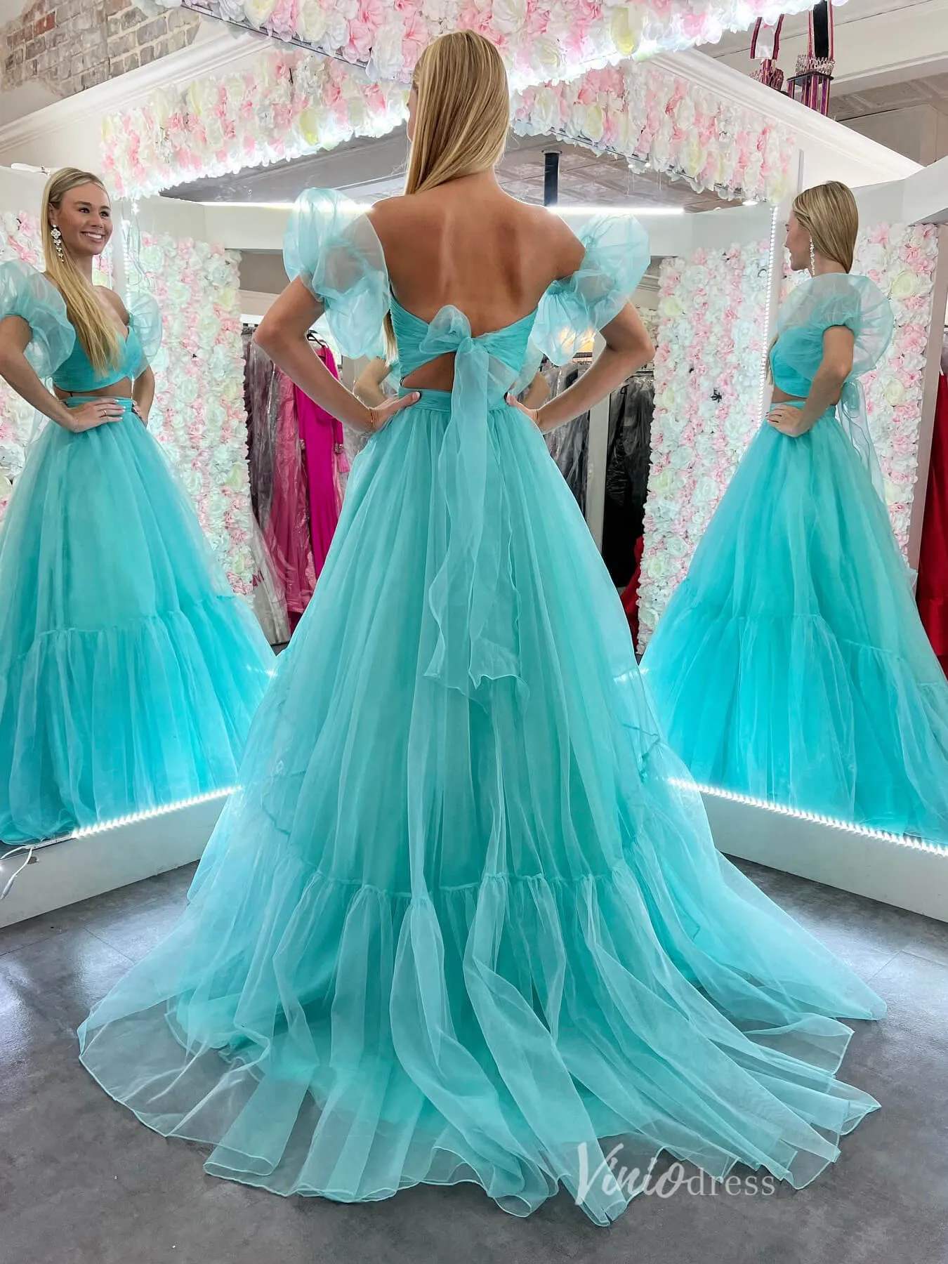 Aqua Two Piece Tulle Prom Dresses Crossed Pleated Bodice Puffed Sleeve FD4036