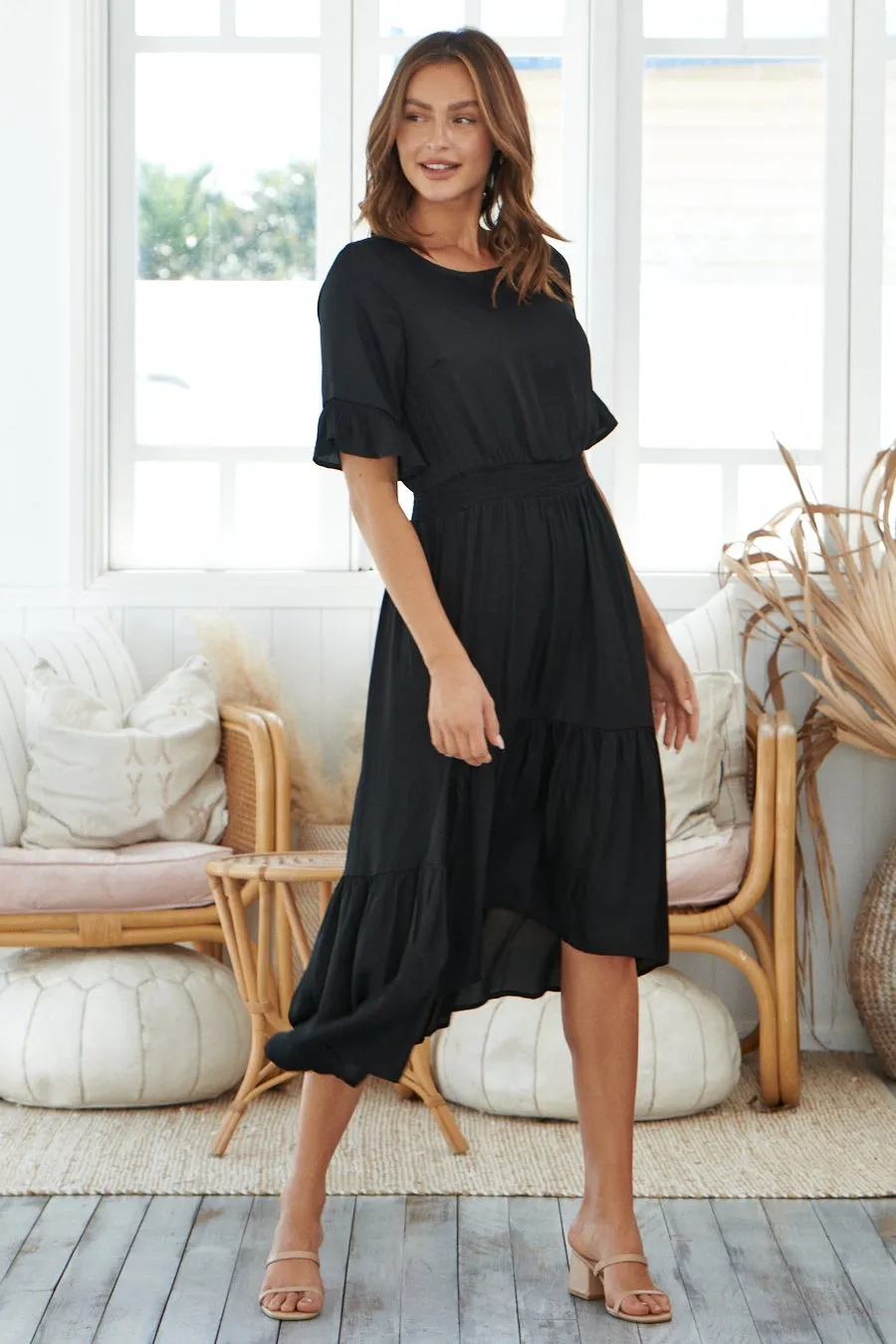 Artella Black Satin Frill Maxi Dress