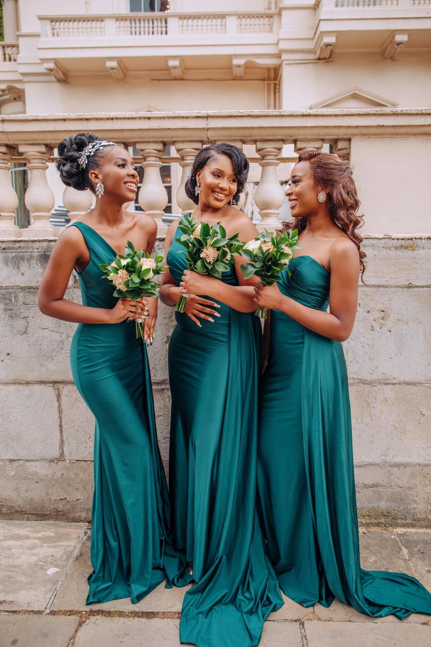 AURORA One Shoulder Bridesmaids Maxi Dress with Side Train - Emerald Green