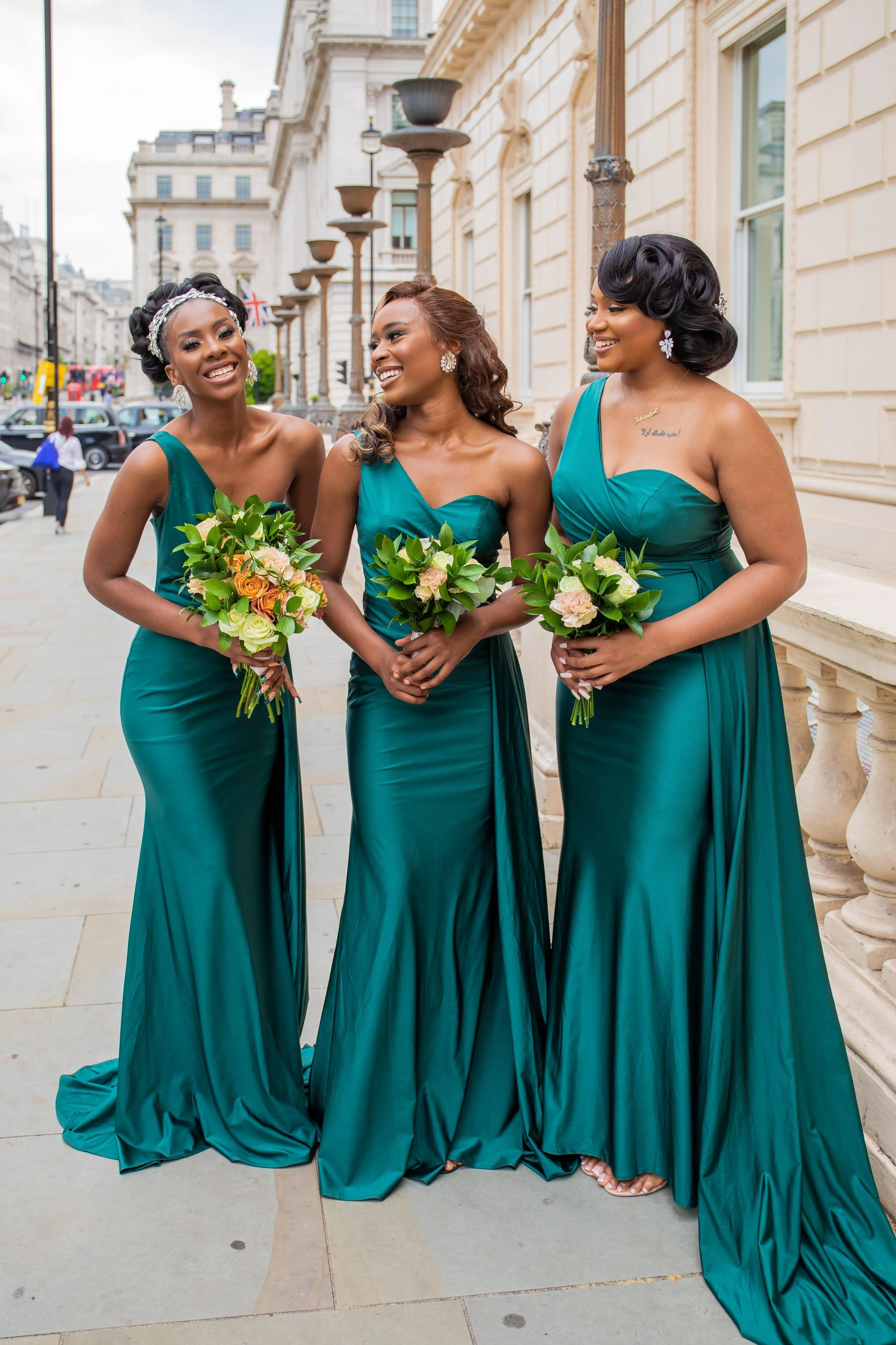 AURORA One Shoulder Bridesmaids Maxi Dress with Side Train - Emerald Green