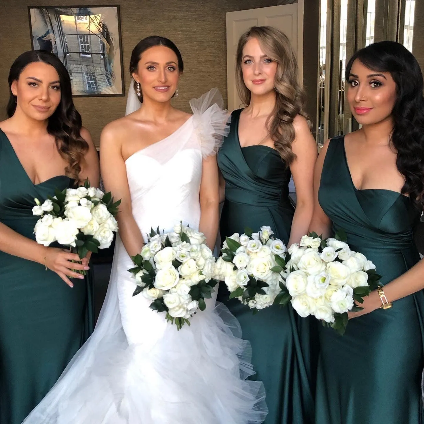 AURORA One Shoulder Bridesmaids Maxi Dress with Side Train - Emerald Green