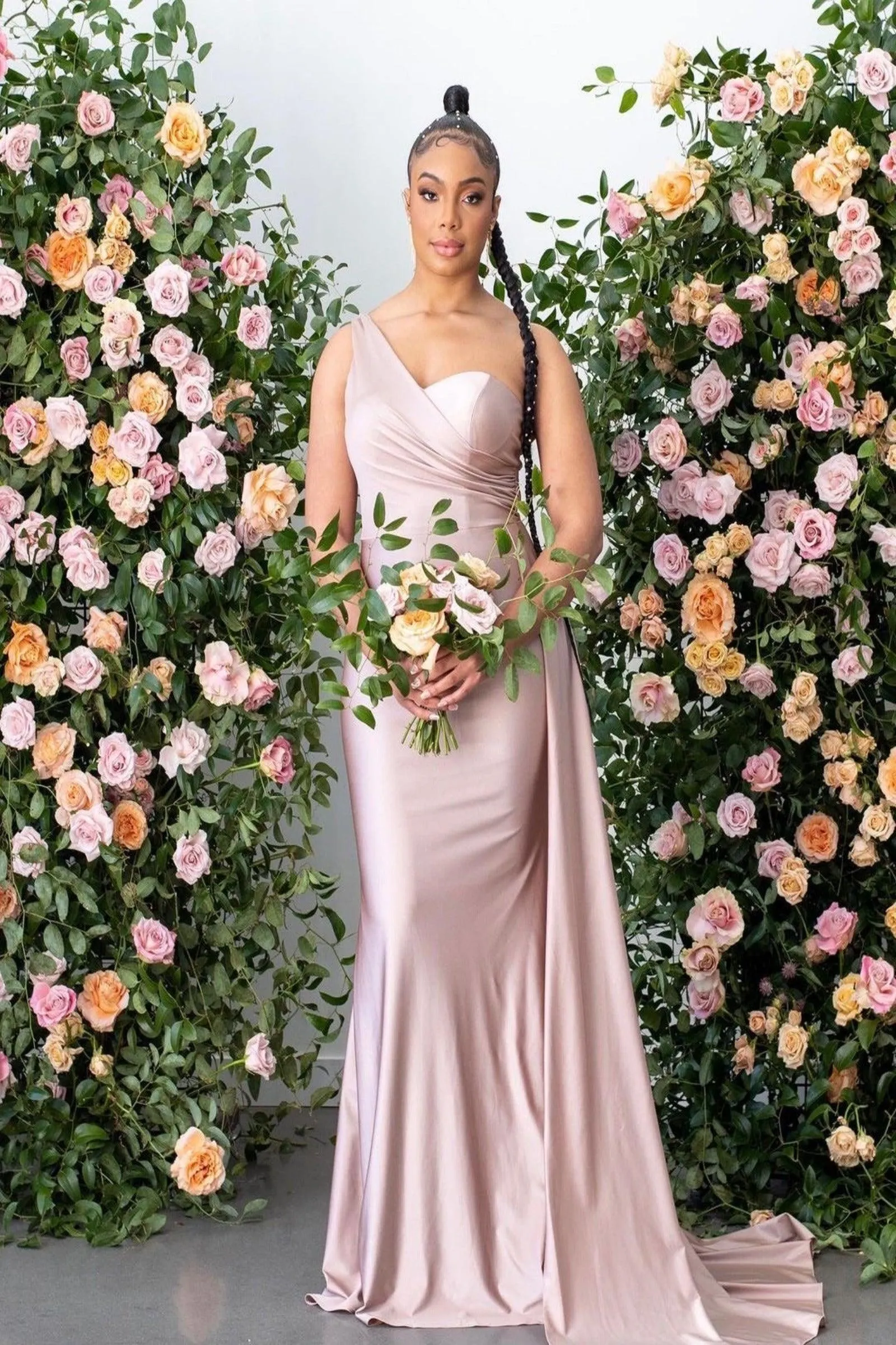 AURORA One Shoulder Bridesmaids Maxi Dress with Side Train - Rose Pink